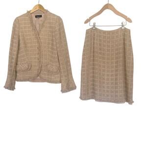 Rickie Freeman Teri Jon Skirt Suit Size 10 Tan Tweed Shimmer Fringe